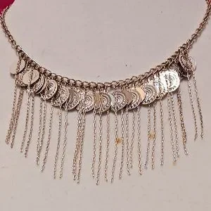 Hand Crafted Silver Boho Gypsy Coin And Fringe Choker Necklace