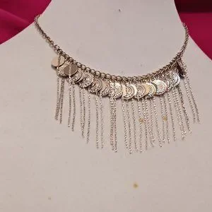 Hand Crafted Silver Boho Gypsy Coin And Fringe Choker Necklace