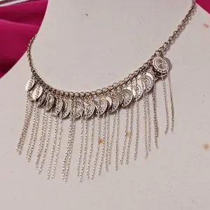 Hand Crafted Silver Boho Gypsy Coin And Fringe Choker Necklace