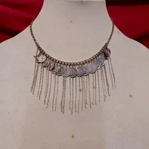 Hand Crafted Silver Boho Gypsy Coin and Fringe Choker Necklace