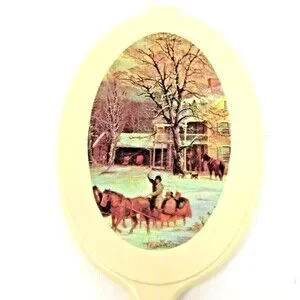 Hand Held Vanity Mirror Vintage Farmhouse Winter Dashing Snow Scene 11.5” Tall