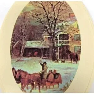 Hand Held Vanity Mirror Vintage Farmhouse Winter Dashing Snow Scene 11.5” Tall