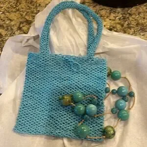 Handbag Turquoise Beaded With Beaded Necklace 6x6” Body Of Purse With 2 Handles