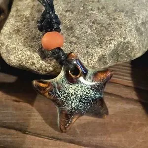 Handcrafted Artsy Circle Glazed Blue Black Porcelain Pendant Necklace