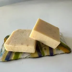 Handcrafted fused glass soap dish with natural cold processed soaps