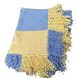 Handmade Chunky Knitted Fringe Blanket/throw. Soft Yellow Blue 35”x50”