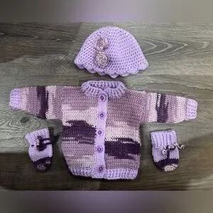 Handmade Crochet Purple Baby Sweater Set with Hat & Mittens Size 6-9 Months
