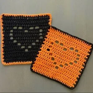 Handmade Crochet Washcloths Dishcloths Halloween Hearts 100% Cotton