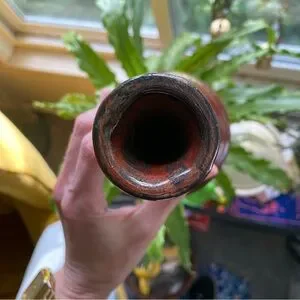 Handmade Pottery Flower Vase W. Red/Brown Glaze & Slender Neck