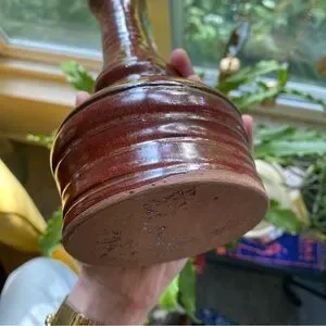 Handmade Pottery Flower Vase W. Red/Brown Glaze & Slender Neck
