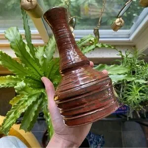 Handmade Pottery Flower Vase w. Red/Brown Glaze & Slender Neck