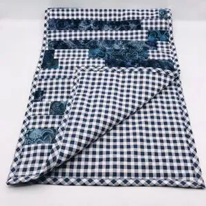 Handmade Quilted Table Runner Navy Blue Gingham W Paisley Stepping Blocks 38x13"