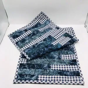 Handmade Quilted Table Runner Navy Blue Gingham W Paisley Stepping Blocks 38x13"
