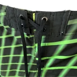 Hang Ten Board Shorts Men 34 Neon Green Black Grid Pattern Front Lace Closure