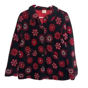 Hanna Andersson Size 150 Black Red Floral Fleece Collared Holiday Jacket Coat