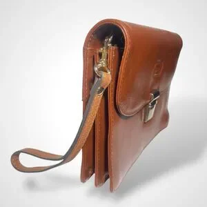 Hansson Genuine Leather Men Wristlet Flap Bag Business Bag Brown Pouch Turn Lock