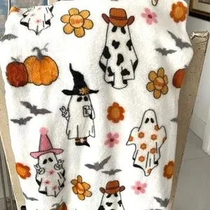 Happy Halloween White/Orange/Pink/Black "Ghosts In Costumes" PlushThrow Blanket