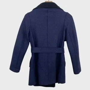 Harris Wharf London Blue Black Virgin Wool Belted Blanket Jacket Size 40