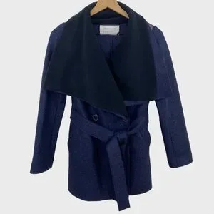 Harris Wharf London Blue Black Virgin Wool Belted Blanket Jacket Size 40