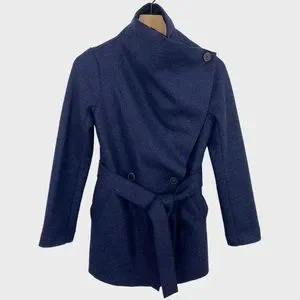 Harris Wharf London Blue Black Virgin Wool Belted Blanket Jacket Size 40