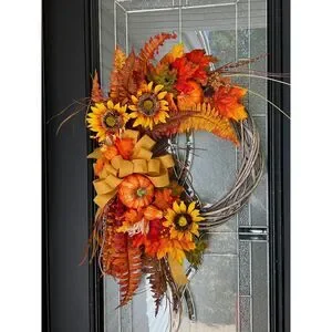 Harvest Fall Wreath with Sunflower's Leaves and Pumpkins
