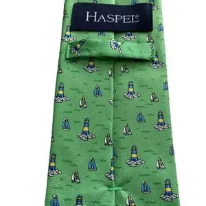 Haspel Silk Tie Green Nautical Tipped Bar Tac Keeper Loop 60”x3.25” 80s To 90s