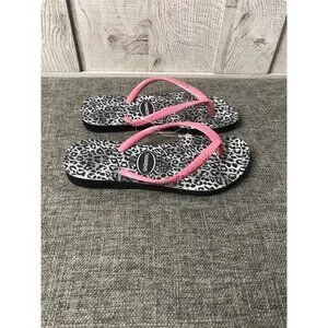 Havaianas Girls Size 2 Youth Flip Flops Black White Pink Leopard Print Sandals