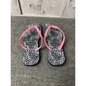 Havaianas Girls Size 2 Youth Flip Flops Black White Pink Leopard Print Sandals