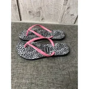 Havaianas Girls Size 2 Youth Flip Flops Black White Pink Leopard Print Sandals
