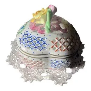 Heart Shaped Reticulated Porcelain Jewelry Dish With Flowers