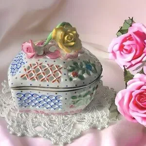Heart Shaped Reticulated Porcelain jewelry dish with flowers