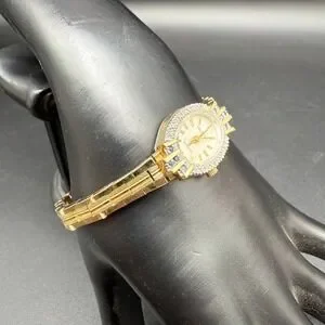 Helbros Ladies Cocktail Watch Gold Tone Bezel Quartz Diamond Sapphire Stones