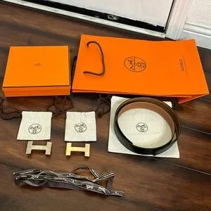 Hermes H Belt Buckles Gold Platinum & Reversible Leather Strap size 90