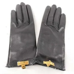 Hermès Kelly Black Leather Gloves with Gold Hardware - Size Medium