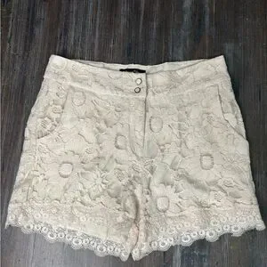 High Waist Cream Lace Shorts with Floral Design