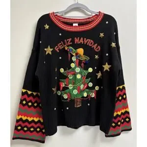 Holiday Time Feliz Navidad Christmas Sweater Women’s Large Pom Pom Fiesta