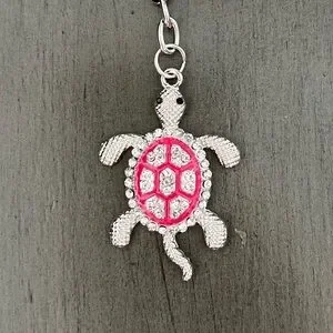 Hot Pink Turtle Allover Rhinestone Enamel Silver 4" Bag Purse Charm Keychain