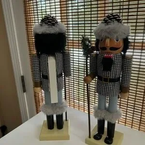 Houndstooth Nutcracker Figures With Fur Trim