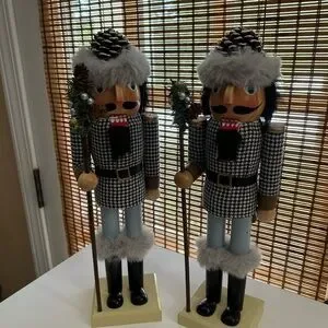 Houndstooth Nutcracker Figures With Fur Trim