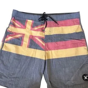Hurley ~ Mens Gray And Red Board Shorts With Hawaiian Flag Design ~ Size 36