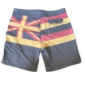 Hurley ~ Mens Gray And Red Board Shorts With Hawaiian Flag Design ~ Size 36