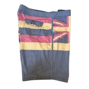 Hurley ~ Mens Gray And Red Board Shorts With Hawaiian Flag Design ~ Size 36
