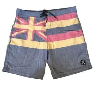 Hurley ~ Mens Gray and Red Board Shorts with Hawaiian Flag Design ~ size 36