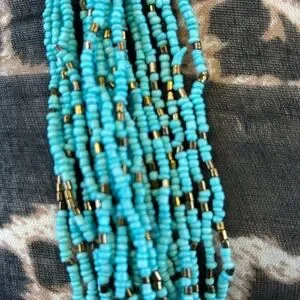 INDONESIAN Turquoise & Bronze Seed Bead Boho Necklace Wood Beads W/Clasp