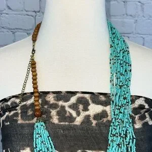 INDONESIAN Turquoise & Bronze Seed Bead Boho Necklace Wood Beads W/Clasp
