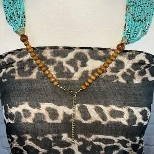 INDONESIAN Turquoise & Bronze Seed Bead Boho Necklace Wood Beads W/Clasp
