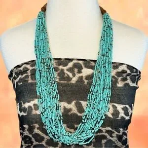 INDONESIAN Turquoise & Bronze Seed Bead Boho Necklace Wood Beads w/Clasp