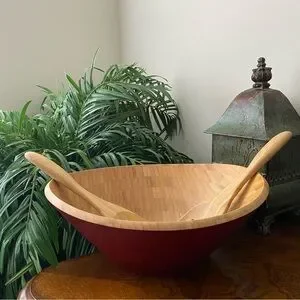 Island Bamboo Salad Serving Bowl With Utensils