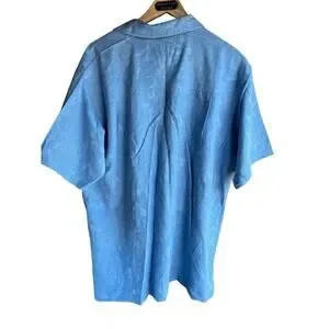 Island Shores Men's Large Vintage Shirt 100% Silk Jacquard Leaf Print Sky Blue