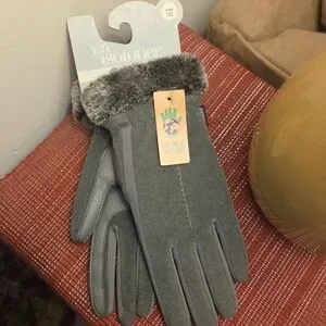 Isotoner Gray Fleece Gloves With Faux Fur Trim